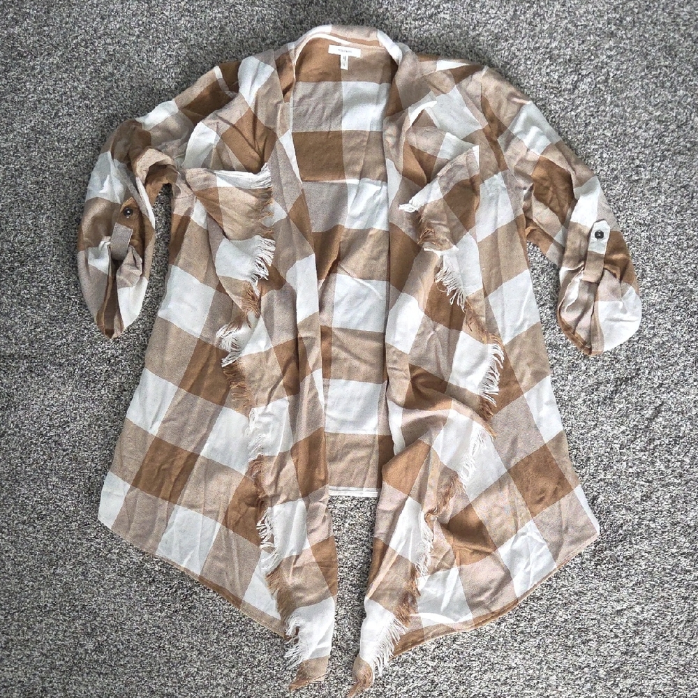 Maurices Tan and White Plaid Front Drape Kimono Size Large
